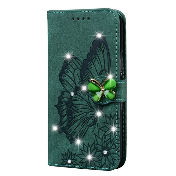 Allytech Galaxy S21 Case(6.2"), PU Leather Magnetic Bling Diamonds Embossed Butterfly Case with Card Slots Flip Stand Hand Strap Cover SmartPhone Case for Samsung Galaxy S21 5G 6.2" 2021, Green