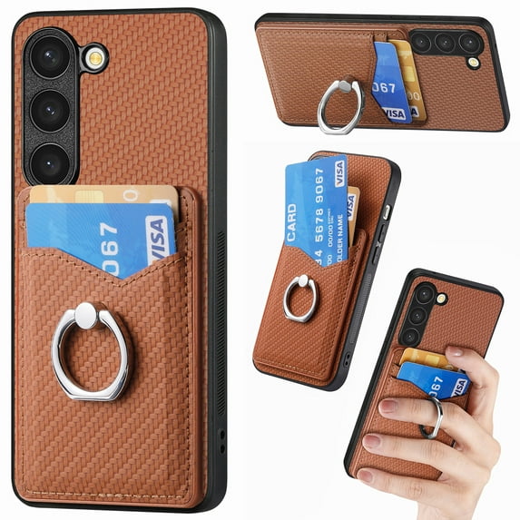 Allytech for Galaxy S21 Case with Cards Holder, Rotating Ring Stand Slim Fit Wallet Back Cover Bumper Shockproof Phone Case for Samsung Galaxy S21 - Brown