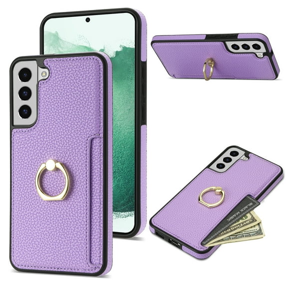 Allytech Galaxy S21 Case Cover Wallet, PU Leather with Ring Holder Stand Protective Shockproof Slim Fit Shell Phone Case Cover for Samsung Galaxy S21 - Purple