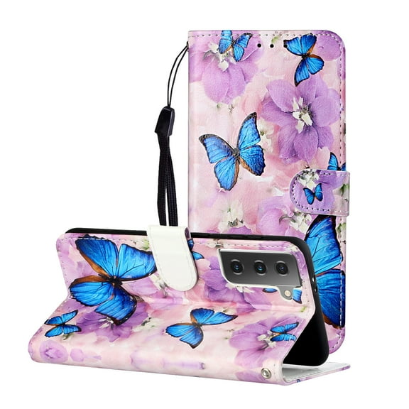 Allytech Galaxy S21 Case, Embossed Colorful Pattern Folio Flip PU Leather Folding Stand Impact Resistant Drop Protection Shockproof Cards Slots Wallet Case Cover for Samsung Galaxy S21, Butterfly