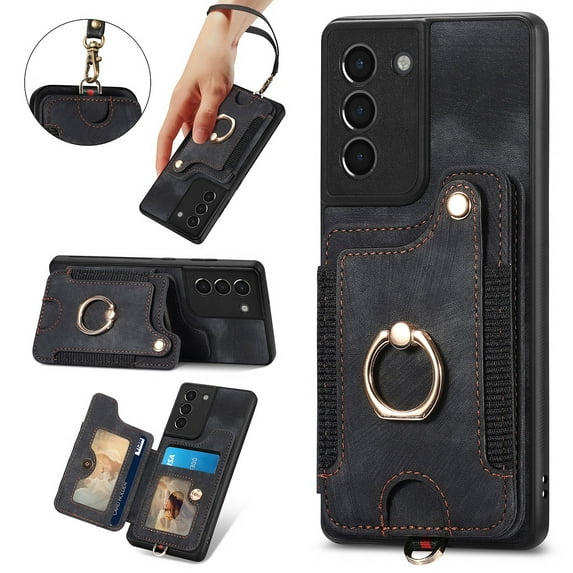 Allytech Galaxy S21 FE 5G Case Wallet, RFID Blocking Multiple Cards Slots Ring Holder Stand Shockproof Protective Hand Wrist Wallet Case Cover for Samsung Galaxy S21 FE 6.4" - Black