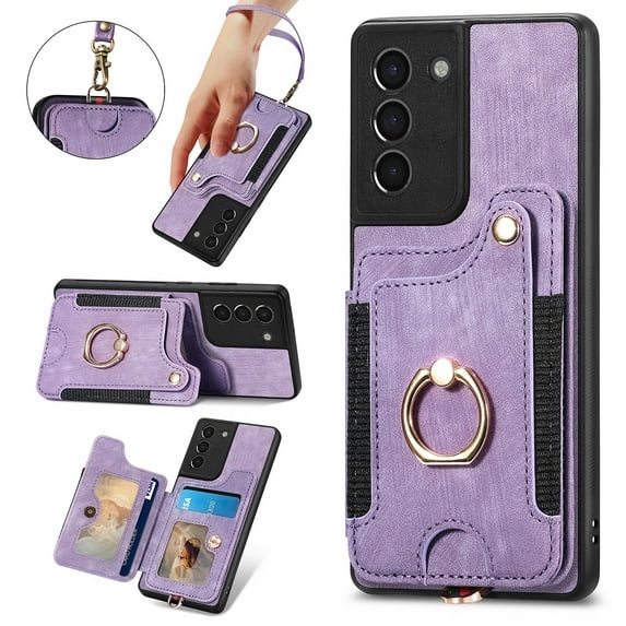 Allytech Galaxy S21 FE 5G Case Wallet, RFID Blocking Multiple Cards Slots Ring Holder Stand Shockproof Protective Hand Wrist Wallet Case Cover for Samsung Galaxy S21 FE 6.4" - Purple