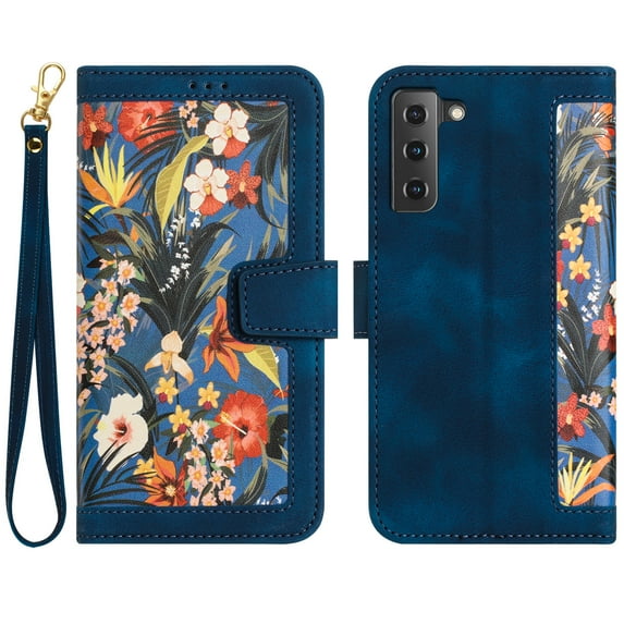 Allytech Galaxy S21 FE 5G Wallet Case Cover, Flower Pattern PU Leather Shoulder Strap Hand Wrist Flip Cover for Girls Women Stand Protective Wallet Case for Samsung Galaxy S21 FE - Darkblue