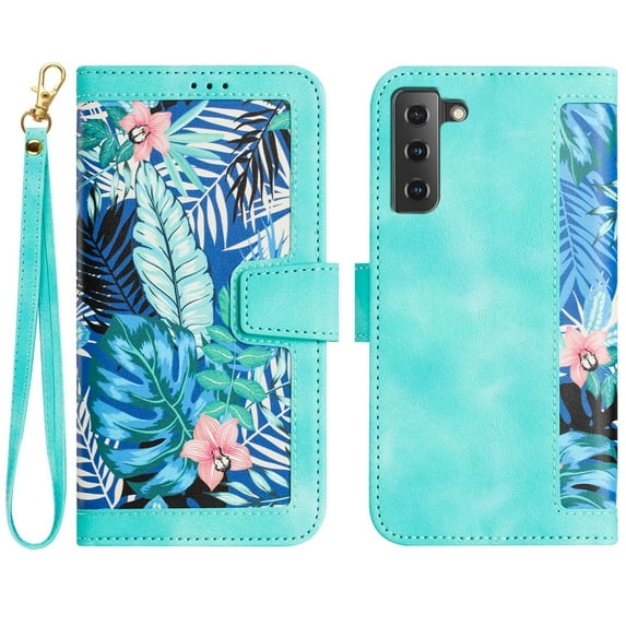 Allytech Galaxy S21 FE 5G Wallet Case Cover, Flower Pattern PU Leather Shoulder Strap Hand Wrist Flip Cover for Girls Women Stand Protective Wallet Case for Samsung Galaxy S21 FE - Green