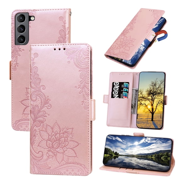 Allytech Galaxy S21 FE Protective Case, Embossed Flower Premium PU Leather Drop Protection Folio Flip Stand Wrist Land Magnetic Wallet Cover Case for Samsung Galaxy S21 FE 5G 6.4" Phone, Rosegold