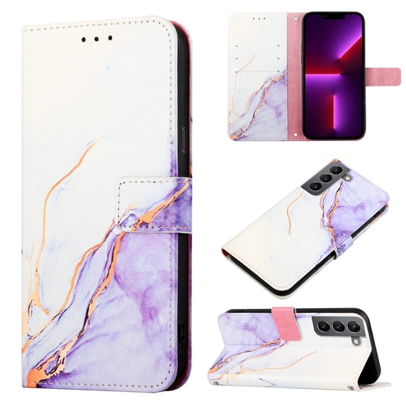 Allytech Galaxy S21 Plus Case, PU Leather Luxury Marble Kickstand Protective Scratch Resistant Cards Holders Hand Strap Wallet Case Cover for Samsung Galaxy S21+ Plus - White Purple