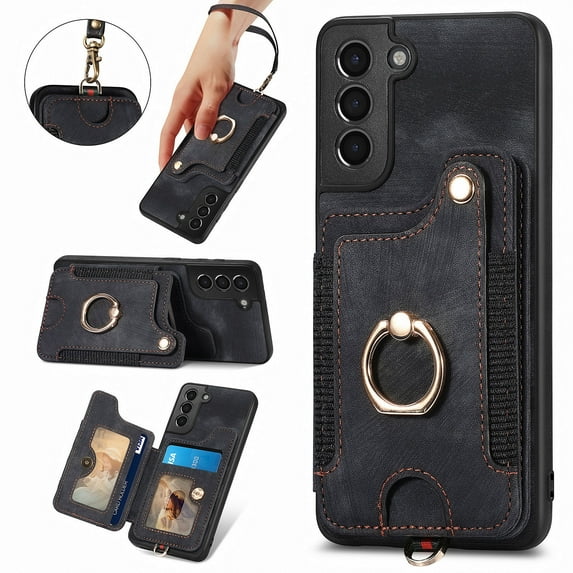 Allytech Galaxy S21 Plus Case Wallet, RFID Blocking Multiple Cards Slots Ring Holder Stand Shockproof Protective Hand Wrist Wallet Case Cover for Samsung Galaxy S21+ Plus - Black