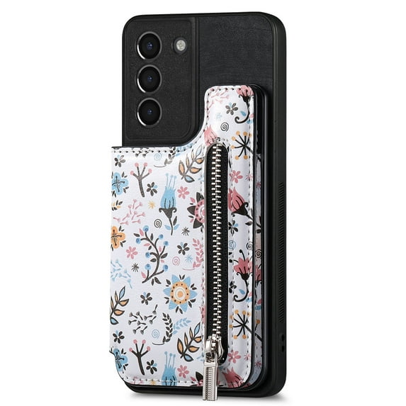 Allytech Galaxy S21 Plus Case with Zipper Pocket & Cards Holder, Floral Slim Wallet Case for Girls Women Shockproof Stand Compatible with Car Mount Phone Case for Samsung Galaxy S21 Plus -Black