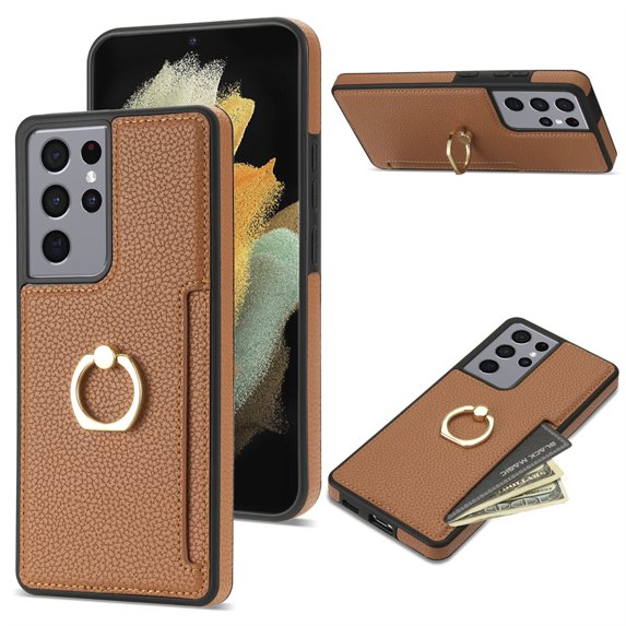 Allytech Galaxy S21 Ultra Case Cover Wallet, S21 Ultra Case, PU Leather with Ring Holder Stand Protective Shockproof Slim Fit Shell Phone Case Cover for Samsung Galaxy S21 Ultra - Brown