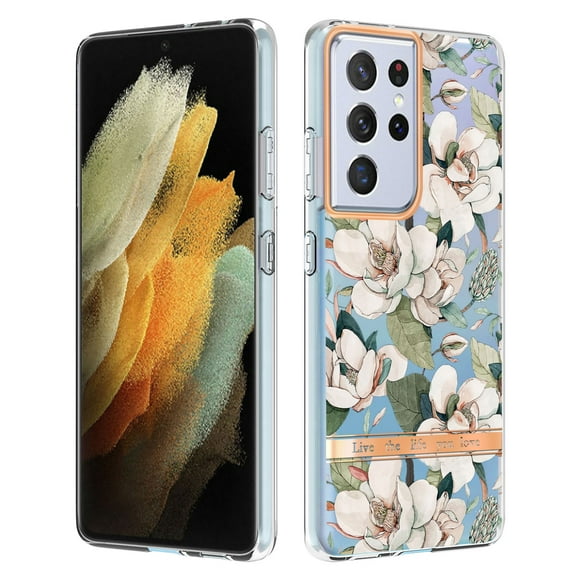Allytech Galaxy S21 Ultra Case, Flower Series Clear Crystal Rubber TPU Back Cover Anti-yellow Shockproof Heavy Duty Protection Antis-scratch Case Cover for Samsung Galaxy S21 Ultra, White Flower