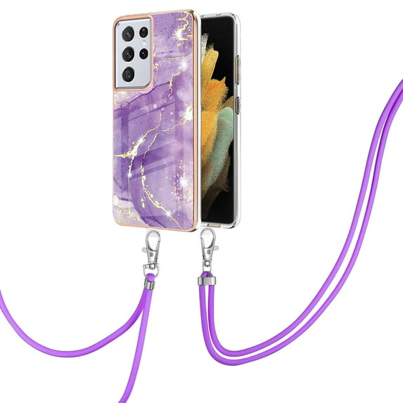 Allytech Galaxy S21 Ultra Case, TPU Marble Pattern Slim Fit Anti-scratch Shock-absorbing Full Protection Back Cover with Hand Strap Lanyard Case for Samsung Galaxy S21 Ultra, Purple