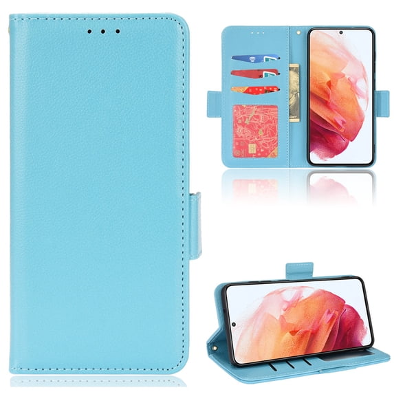 Allytech Galaxy S22 5G Wallet Case, Lychee Pattern PU Leather Anti-Scratch Flip Folio Stand Magnetic Case with Card Slots Holders Purse Pouch Case for Samsung Galaxy S22 2022, Cyanblue