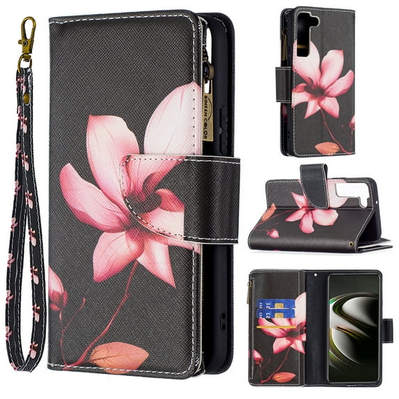 Allytech Galaxy S22 Case with 9 Card Holders, PU Leather Folio Flip Kickstand Magnetic Snap Detachable Wrist Strap Anti-Scratch Wallet Case for Samsung Galaxy S22 6.1" 5G 2022, Pink Floral