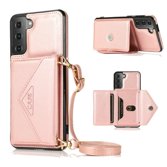 Allytech Galaxy S22 Case, With Crossbody Shoulder Strap Adjustable Protection Kickstand Shockproof Cards Holder Wallet Case Cover for Samsung Galaxy S22 5G,Rosegold