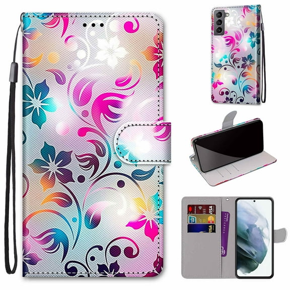Allytech Galaxy S22 Case with Detachable Hand Strap, Slim PU Leather Flip Phone Case with Card Slots Holder Foldable Stand Magnetic Closure Cover for Samsung Galaxy S22 6.1" 2022, Colorful Floral