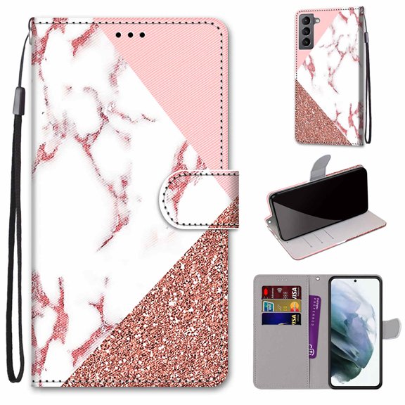 Allytech Galaxy S22 Case with Detachable Hand Strap, Slim PU Leather Flip Phone Case with Card Slots Holder Foldable Stand Magnetic Closure Cover for Samsung Galaxy S22 6.1" 2022, White Pink Marble