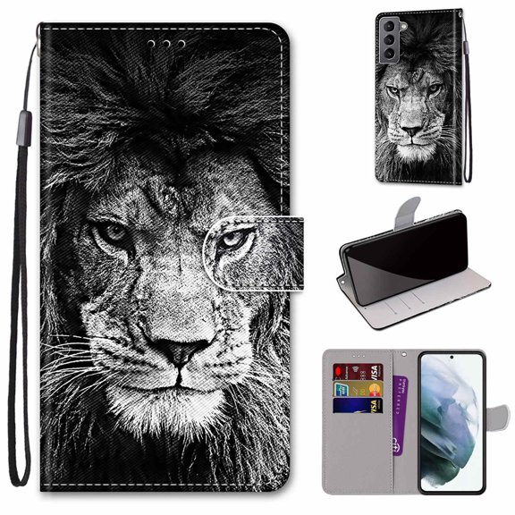 Allytech Galaxy S22 Case with Detachable Hand Strap, Slim PU Leather Flip Phone Case with Card Slots Holder Foldable Stand Magnetic Closure Cover for Samsung Galaxy S22 6.1" 2022, Lion