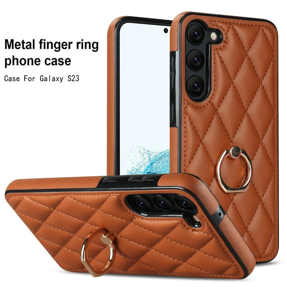Allytech Galaxy S22 Case with Finger Ring, 360° Rotatable Ring Holder Kickstand Luxury PU Leather Non-Slip Shockproof Business Women Men Phone Covers for Samsung Galaxy S22 5G 6.1", Brown