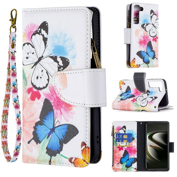 Allytech Galaxy S22 Plus Case with 9 Card Holders, PU Leather Folio Flip Kickstand Magnetic Snap Detachable Wrist Strap Anti-Scratch Case for Samsung Galaxy S22 Plus 6.6" 5G 2022, Two Butterflies
