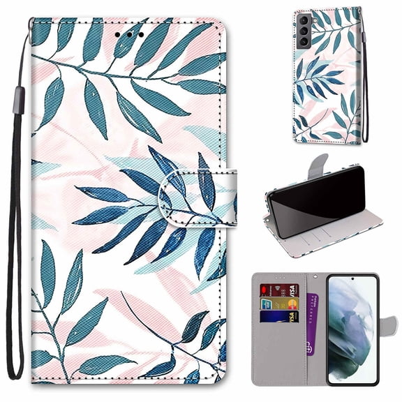 Allytech Galaxy S22 Plus Case with Detachable Hand Strap, PU Leather Flip Phone Case with Card Slots Holder Foldable Stand Magnetic Closure Cover for Samsung Galaxy S22 Plus 6.6" 2022, Green Leaves