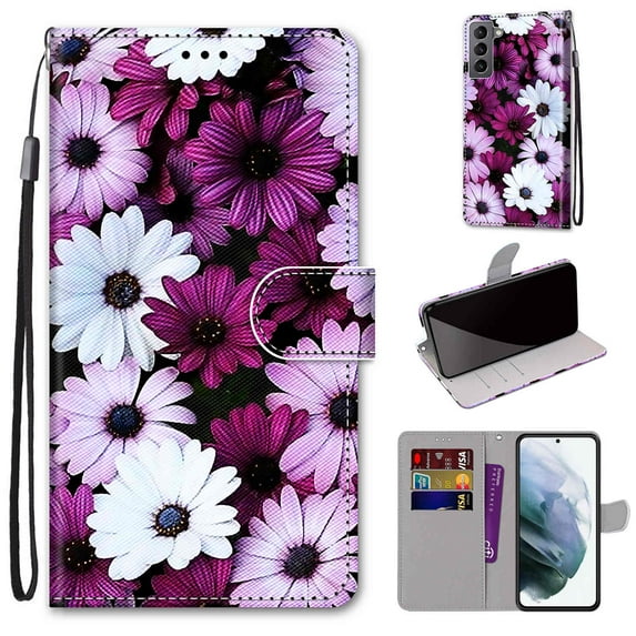 Allytech Galaxy S22 Plus Case with Detachable Hand Strap, PU Leather Flip Phone Case with Card Slots Holder Foldable Stand Magnetic Snap Cover for Samsung Galaxy S22 Plus 6.6" 2022, White Purple Daisy