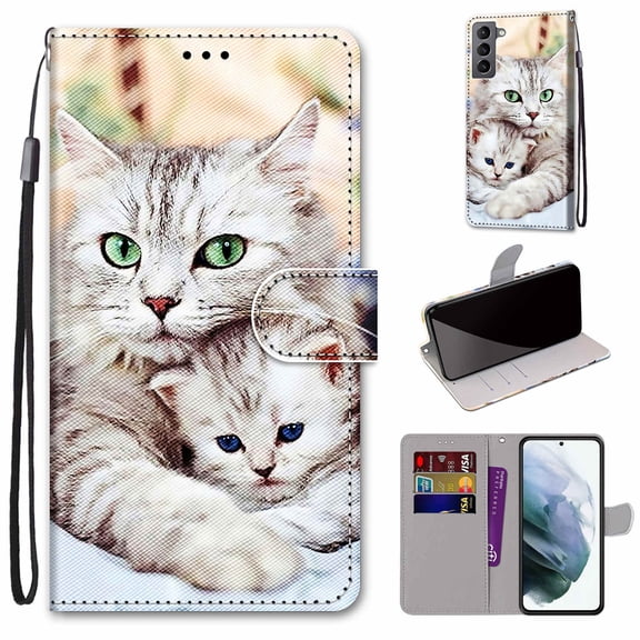 Allytech Galaxy S22 Plus Case with Detachable Hand Strap, Slim PU Leather Flip Phone Case with Card Slots Holder Foldable Stand Magnetic Closure Cover for Samsung Galaxy S22 Plus 6.6" 2022, Two Cats