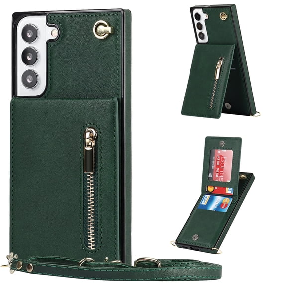 Allytech for Galaxy S22 Plus Case with Removable Crossbody Shoulder Lanyard Strap, PU Leather Shockproof Magnetic Closure Zipper Pocket Card Slots Case for Samsung Galaxy S22 Plus 5G 6.6" 2022, Green