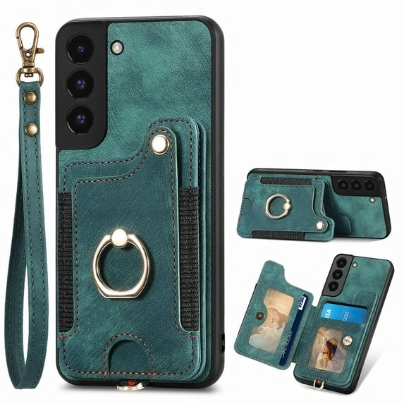 Allytech Galaxy S22 Plus Case Wallet, RFID Blocking Multiple Cards Slots Ring Holder Stand Shockproof Protective Hand Wrist Wallet Case Cover for Samsung Galaxy S22 Plus - Green