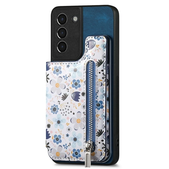 Allytech Galaxy S22 Plus Case with Zipper Pocket & Cards Holder, Floral Slim Wallet Case for Girls Women Shockproof Stand Compatible with Car Mount Phone Case for Samsung Galaxy S22 Plus -Blue
