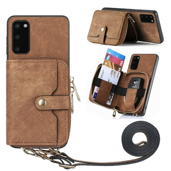 Allytech Galaxy S22 Plus Wallet Case with Crossbody Strap, Vintage PU Leather Large Zipper Pocket Cards Slots Stand Shockproof Wallet Case Cover for Samsung Galaxy S22 Plus - Brown