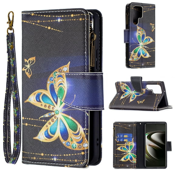 Allytech Galaxy S22 Ultra Case with 9 Card Holders, PU Leather Folio Flip Kickstand Magnetic Snap Detachable Wrist Strap Anti-Scratch Case for Samsung Galaxy S22 Ultra 6.8" 5G 2022, Big Gold Butterfly