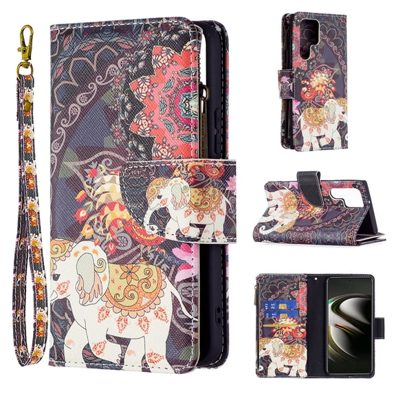 Allytech Galaxy S22 Ultra Case with 9 Card Holders, PU Leather Folio Flip Kickstand Magnetic Snap Detachable Wrist Strap Anti-Scratch Case for Samsung Galaxy S22 Ultra 6.8" 5G 2022, Mandala Elephant
