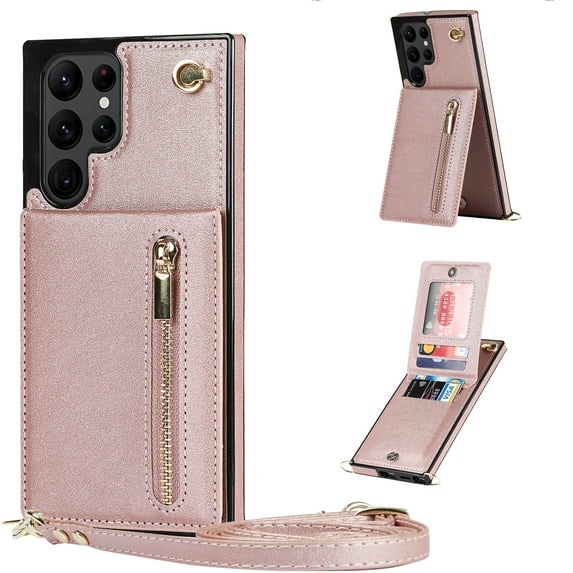 Allytech for Galaxy S22 Ultra Case with Removable Crossbody Shoulder Lanyard Strap, PU Leather Shockproof Magnetic Snap Zipper Pocket Card Slots Case for Samsung Galaxy S22 Ultra 5G 6.8" 2022, Rosegld