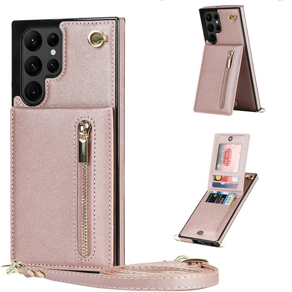 Allytech for Galaxy S22 Ultra Case with Removable Crossbody Shoulder Lanyard Strap, PU Leather Shockproof Magnetic Snap Zipper Pocket Card Slots Case for Samsung Galaxy S22 Ultra 5G 6.8" 2022, Rosegld