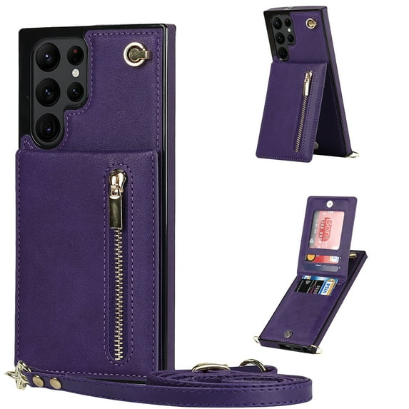 Allytech for Galaxy S22 Ultra Case with Removable Crossbody Shoulder Lanyard Strap, PU Leather Shockproof Magnetic Snap Zipper Pocket Card Slots Case for Samsung Galaxy S22 Ultra 5G 6.8" 2022, Purple