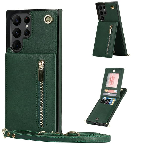 Allytech for Galaxy S22 Ultra Case with Removable Crossbody Shoulder Lanyard Strap, PU Leather Shockproof Magnetic Snap Zipper Pocket Card Slots Case for Samsung Galaxy S22 Ultra 5G 6.8" 2022, Green