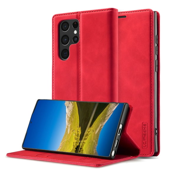 Allytech Galaxy S22 Ultra Case, Slim PU Leather Folio Flip Cover Shockproof Kickstand Scratch Resistant Protection Cards Holder Wallet Case Cover for Samsung Galaxy S22 Ultra, Red