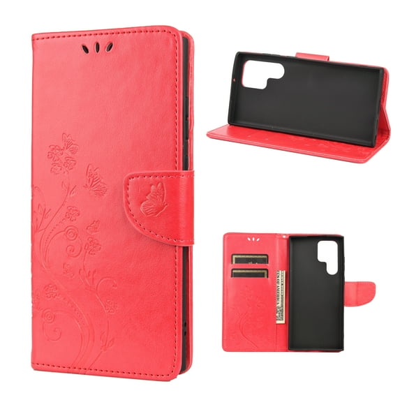 Allytech Galaxy S22 Ultra Case Wallet, 3D Butterfly Embossed Premium PU Leather Folio Flip Kickstand Cards Slots Wallet Case Cover for Samsung Galaxy S22 Ultra 5G 2022, Red