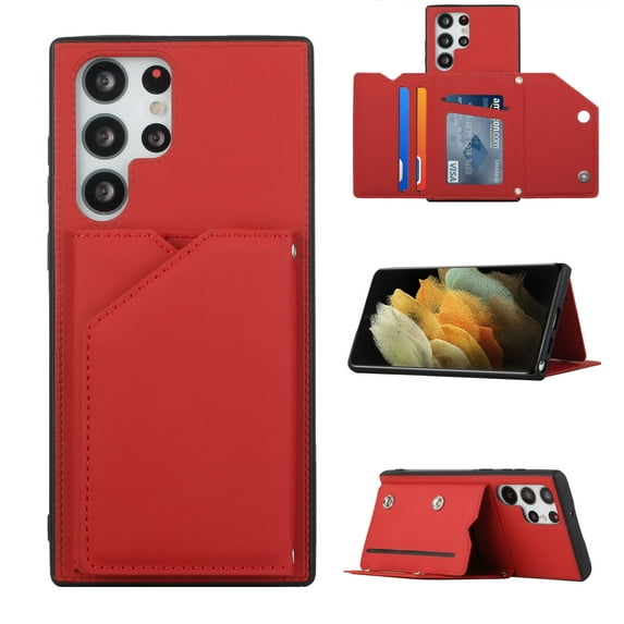 Allytech Galaxy S22 Ultra Case with Wallet, PU Lether Magnetic Clasp Cards Slots Kickstand Shockproof Protective Back Flip Case Wallet Cover for Samsung Galaxy S22 Ultra 5G - Red
