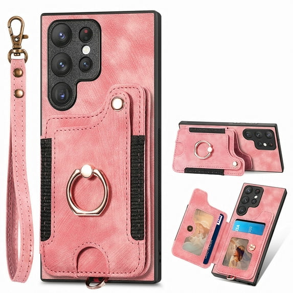 Allytech Galaxy S22 Ultra Case Wallet, RFID Blocking Multiple Cards Slots Ring Holder Stand Shockproof Protective Hand Wrist Wallet Case Cover for Samsung Galaxy S22 Ultra - Pink