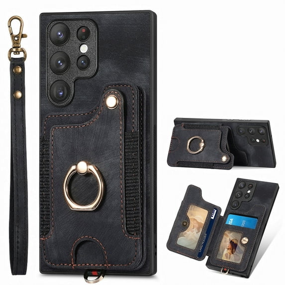 Allytech Galaxy S22 Ultra Case Wallet, RFID Blocking Multiple Cards Slots Ring Holder Stand Shockproof Protective Hand Wrist Wallet Case Cover for Samsung Galaxy S22 Ultra - Black