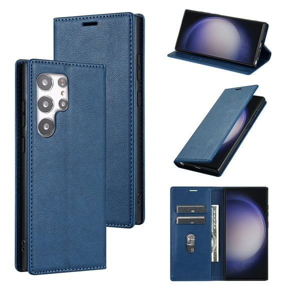 Allytech Galaxy S22 Ultra Wallet Case with Cards Holder, PU Leather RFID Blocking Shockproof Flip Cover Stand Anti-Scratch Retro Business Wallet Case for Samsung Galaxy S22 Ultra - Blue