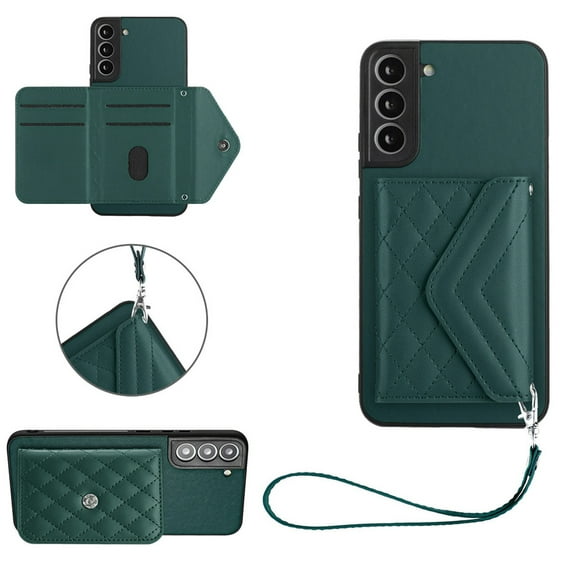 Allytech Galaxy S22 Wallet Case with Hand Wrist, Back Cover with Cards Slots Holder Luxury PU Leather Shockproof Anti-Scratch Bumper Phone Case for Samsung Galaxy S22, Green