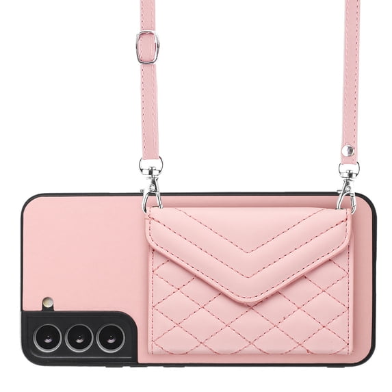 Allytech Galaxy S22 Wallet Case with Shoulder Strap, RFID Blocking Luxury PU Leather Shockproof Cards Slots Stand Anti-Scratch Magnetic Closure Phone Case for Samsung Galaxy S22, Pink
