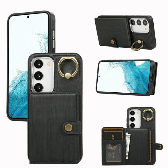 Allytech Galaxy S22 Wallet Case, Vintage PU Leather Slim Fit Back Cover with Cards Holder Ring Stand Shockproof Bumper Wallet Case for Samsung Galaxy S22 -Black