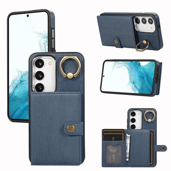 Allytech Galaxy S22 Wallet Case, Vintage PU Leather Slim Fit Back Cover with Cards Holder Ring Stand Shockproof Bumper Wallet Case for Samsung Galaxy S22 -Blue