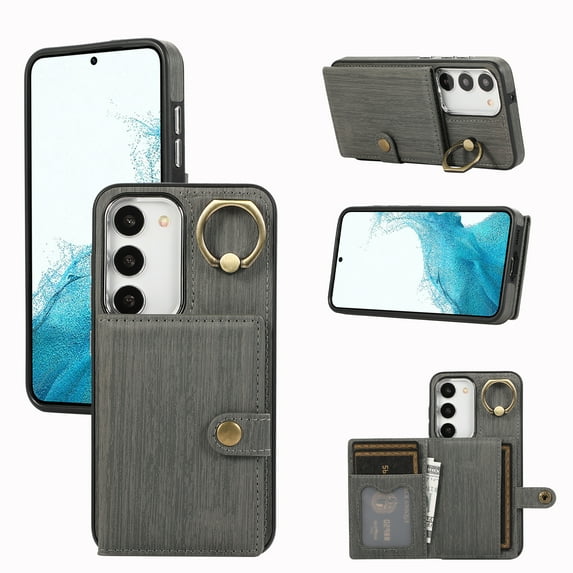 Allytech Galaxy S22 Wallet Case, Vintage PU Leather Slim Fit Back Cover with Cards Holder Ring Stand Shockproof Bumper Wallet Case for Samsung Galaxy S22 -Gray
