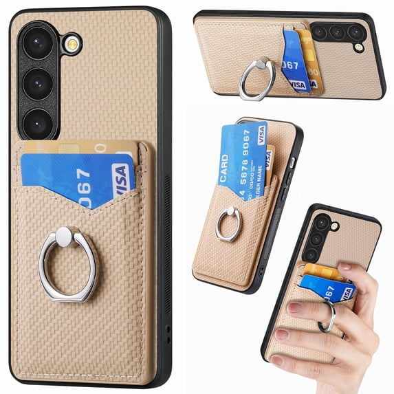 Allytech for Galaxy S23 Case with Cards Holder, Rotating Ring Stand Slim Fit Wallet Back Cover Bumper Shockproof Phone Case for Samsung Galaxy S23 - Khaki