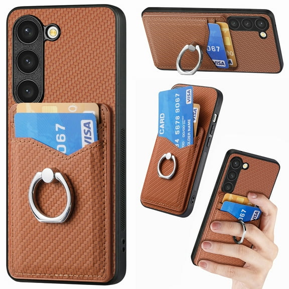 Allytech for Galaxy S23 Case with Cards Holder, Rotating Ring Stand Slim Fit Wallet Back Cover Bumper Shockproof Phone Case for Samsung Galaxy S23 - Brown