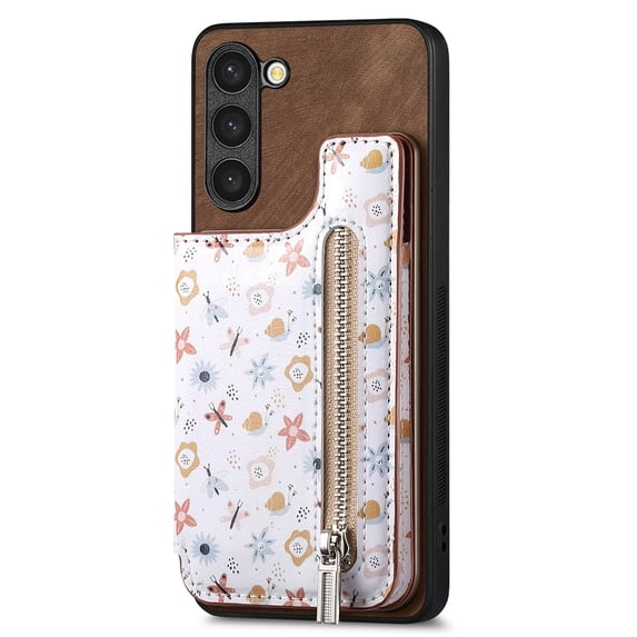 Allytech Galaxy S23 FE Case with Zipper Pocket & Cards Holder, Floral Slim Wallet Case for Girls Women Shockproof Stand Compatible with Car Mount Phone Case for Samsung Galaxy S23 FE -Brown